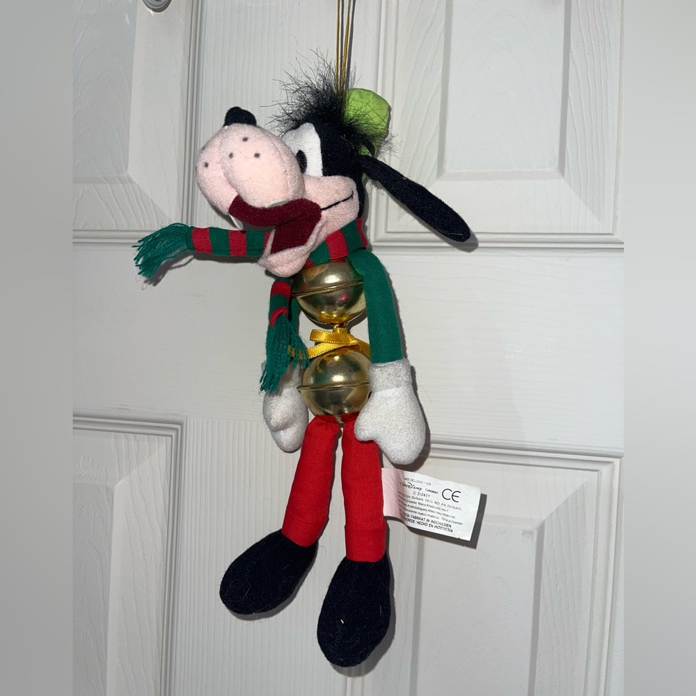 Disney Goofy Sleigh Bells Fabric Plush Vintage Hanging Ornament Holidays